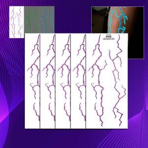 May include: A set of temporary tattoo sheets featuring a purple lightning bolt design. The image includes multiple variations of the design, with a sample application on skin. The background is a gradient of purple.