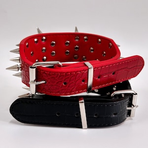 K&ouml;nnte beinhalten: Zwei Hundehalsb&auml;nder, eines rot und eines schwarz, mit silbernen Nieten und Schnallen. Das rote Halsband hat ein krokodilgepr&auml;gtes Lederdesign.