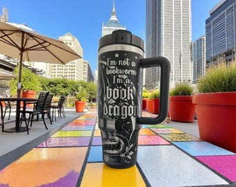Dragon Tumbler: Engraved Insulated Coffee Mug for Book Lovers