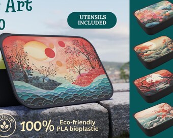 日本の芸術的な弁当箱、ヴィンテージのアジアンデザインのランチボックス、環境に優しい食品容器、ジャパンディの雰囲気のランチボックス、ユニークなアートワーク、カトラリー付き