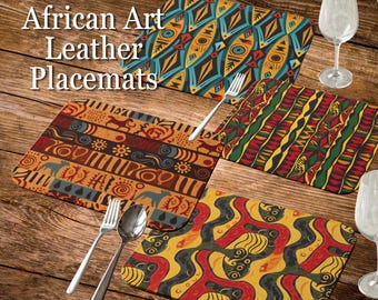 African Tribal Art Leather Placemat, Ethnic Vibes Home Decor, Native Art Table Decor, Exotic Flair Vibrant Earth Colors, Africa Lover Gift