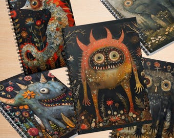 Whimsical Folklore Monster Notebook, Mythical Folk Art Spiral Journal, Ruled Line Jotter, Fantasy Diary, Cute Creature, Inspired Journaling