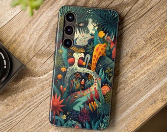 ファンタジージャングルイラストの頑丈なスマホケース、カラフルなトロピカルiPhoneカバー、抽象的な素朴派デザイン、エキゾチックなホリデー気分を味わえるアート好きへのギフト