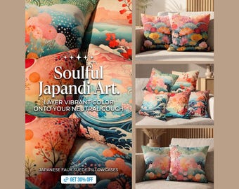 日本製フェイクスエード枕カバー、カラフルなアジアンアートクッションカバー、Japandiホームデコレーションヴィンテージアートデザイン枕カバーユニークなクリスマスギフト