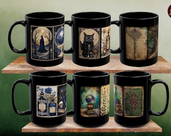 Witches Mug, Witchcraft Black Ceramic Coffee Cup, Occult Alchemy Wicca Decor, Light Witch Present, Magic Spells Present, Pagan Witchy Gift
