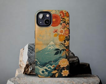Japanse vintage design iPhone-hoes, vintage Aziatische kunsttelefoonhoes, Mount Fuji-hoesje met Japanse flair, cadeau Sakura Japandi Ikigai Vibes
