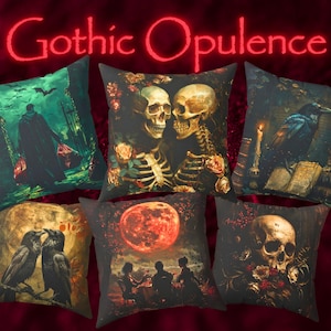 Könnte beinhalten: Sechs dekorative Kissen mit gotischen Kunstmotiven. Die Kissen zeigen Bilder von Skeletten, Raben, einem Vollmond und Figuren in einem dunklen, romantischen Stil. Der Text "Gothic Opulence" wird in roter Neon-Schrift angezeigt.