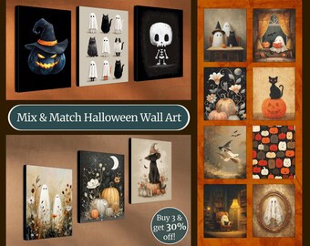 Cozy Halloween Wall Art, Whimsical Spooky Painting Canvas, Mix & Match Vintage Boho Print, Illustrated Seasonal Decor, Cute Halloween Gift