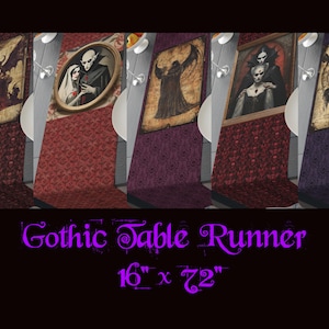 Könnte beinhalten: Gotischer Tischläufer mit vier verschiedenen Designs, die dunkle Figuren und ein rotes, violettes und schwarzes Farbschema zeigen. Der Tischläufer ist 40,6 cm x 182,9 cm groß.