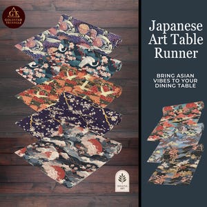 Japanese Art Table Runner, Japandi Home Decor, Vintage Asian Floral Pattern, Chiyogami style Tablecloth, Ikigai Vibes Japan Friend Home Gift