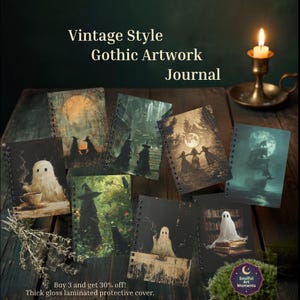 Könnte beinhalten: Eine Sammlung spiralgebundener Notizbücher mit gotischen Illustrationen, darunter Geister, Hexen und mondbeschienene Szenen. Die Einbände zeigen verschiedene dunkle, atmosphärische Motive mit dem Text Vintage Style Gothic Artwork Journal.