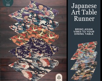 日本のアートテーブルランナー、ジャパンディホームデコレーション、ヴィンテージアジアンフローラルパターン、千代紙風テーブルクロス、イキガイバイブスジャパンフレンドホームギフト