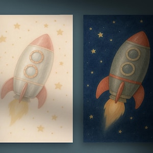 Puede incluir: Dos impresiones de cohetes al estilo acuarela. Un cohete está sobre un fondo crema con estrellas amarillas, el otro sobre un fondo azul oscuro con estrellas amarillas. Ambos cohetes son grises, rojos y blancos.