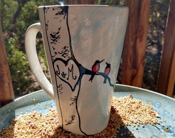 Birds and birch tree heart mug initials carved in heart wedding mug couples mug love traditional 9th anniversary gift pottery mug woodland