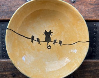 Yellow Ceramic Pottery Bowl, Impostor Kitty black birds Personalized optional