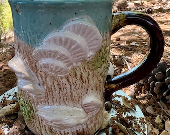 Woodland pastel mushroom garden large pottery mug holds 2 cups cottagecore