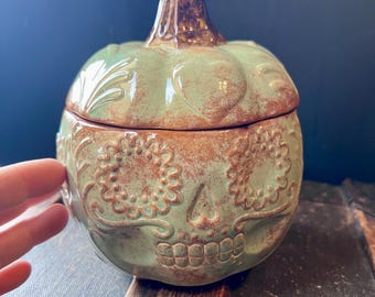 Sugar Skull bowl with lid earthy sea green DOTD Día de los Muertos