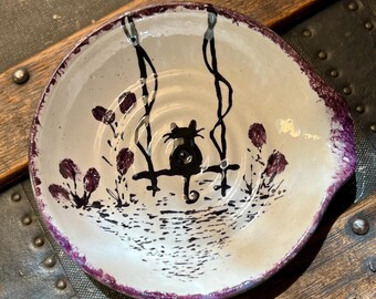 Black Cat garden Ceramic Spoon Rest purple floral