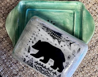 Black Bear Pottery Butter Dish: Rustic  cabin Kitchen Decor