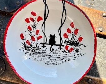Ceramic Pottery Cat Bowl, Garden Kitty Floral Design Personalized Pet Dish