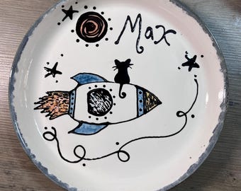 Handmade Ceramic Cat Dish: Rocket Kitty, Food Safe Lead Free Glaze Outer Space