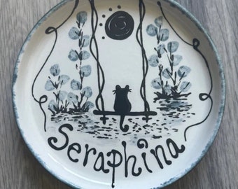 Personalized Diner style Ceramic Cat Dish: 8 inch Pottery, Whisker-Friendly 15 fun design options