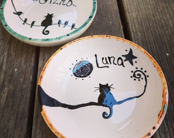 Ceramic Pottery custom cat dish saucer personalized 10 choices garden kitty moon kitty impostor kitty moonlit garden shallow cat bowl