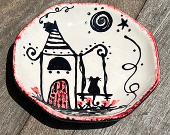 Pottery cat dish pet food dish whisker fatigue plate ready to ship Gnome House kitty