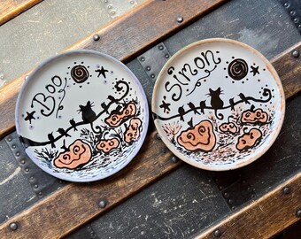 Personalized Ceramic Cat Plate: 8 inch Whisker-Friendly 14 fun designs