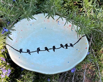 Ready to ship pottery bird bath water dish 9 inch pottery birdbath rustic garden bird feeder Morning Gossip Blackbirds