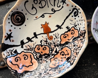 Ceramic pottery custom cat bowl Mushrooms Bats  Pumpkins or snail garden personalized pet bowls