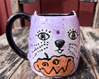 Halloween Pumpkin Kitty Purple Pottery Mug