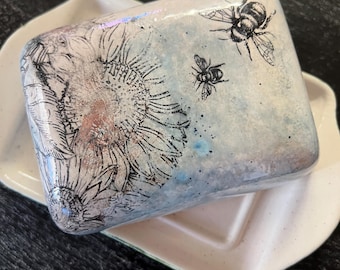 Sunflower bumblebee bees distressed pottery large butter dish rustic pottery bee