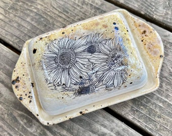 Ready to ship Sunflower pottery butter dish ceramic pottery kitchen sunflowers rustic farmhouse home decor large butter dish