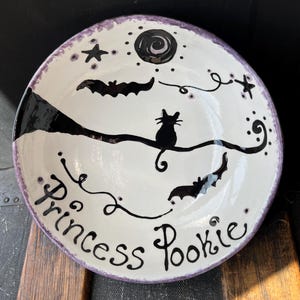 Personalized Ceramic Pottery Cat Bowls Full moon kitty bats
