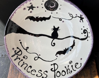 Personalized Ceramic Pottery Cat Bowls Full moon kitty bats