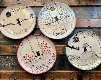 Personalized Ceramic Cat Dish: 8 inch Pottery, Whisker-Friendly 15 fun design options diner shallow bowl