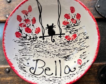 Ceramic Pottery Cat Bowl, Garden Kitty Floral Design Personalized Pet Dish
