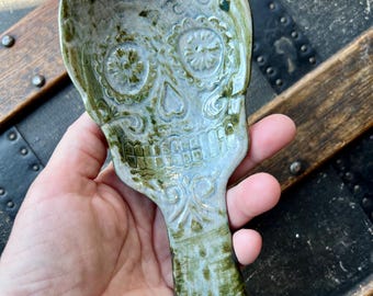 Large 6 inch sugar skull spoon rest DOTD ceramic pottery blues greens black