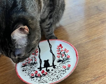 Ready to ship ceramic raised cat dish whisker fatigue wet food plate Garden Kitty design