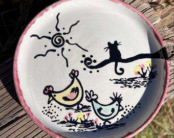 Personalized Ceramic Diner Cat Dish: 8 inch Pottery, Whisker-Friendly 15 fun design options