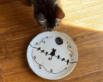 Personalized Ceramic Cat Dish: 8 inch Pottery, Whisker-Friendly 15 fun design options diner shallow bowl