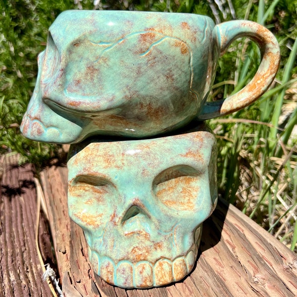 Ready to ship set of two 16oz skull mugs kiln fired pottery mug coffee tea cranium sea green and earthy