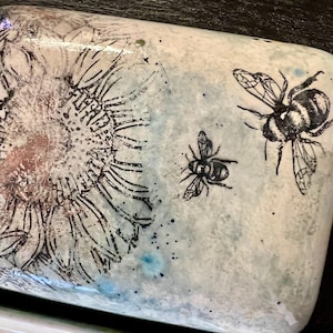 Sunflower bumblebee bees distressed pottery large butter dish rustic pottery bee