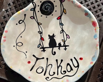 Ceramic Cat Bowl: Personalized Pet Food Bowl Festive Friends Christmas Yule Fairy Lights