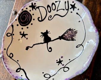 Personalized pottery Cat Bowl: Midnight Broom Ride Witch Ceramic Pet Dish