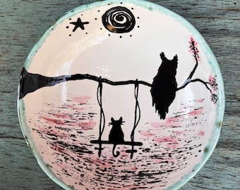 Handmade Ceramic Cat Bowl: Moonlight Buddies Owl Kitty Design, Food Safe Glaze