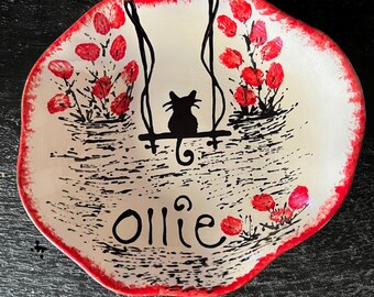 Ceramic pottery custom cat bowl Mushrooms Bats Pumpkins Flowers  or Snail personalized pet bowls