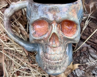 Large 16oz skull mug ceramic pottery Halloween mug