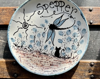Personalized Ceramic Diner Shallow Cat Bowl: 8 inch Pottery, Whisker-Friendly 15 fun design options